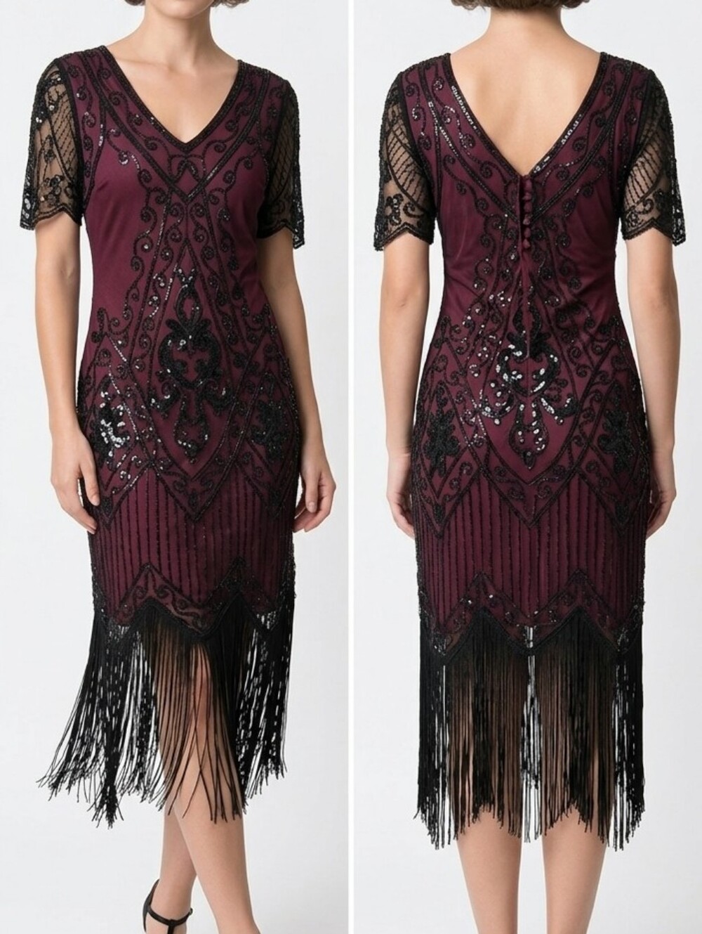 Vintage-Inspired Burgundy Fringe Beaded V-Neck Dress